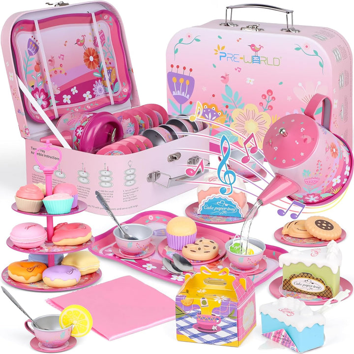 Tea Party Set for Little Girls, Princess Tea Time Toy Including Dessert,Cookies,Doughnut,Teapot Tray Cake, Tablecloth & Carrying Case,Kids Kitchen Pretend Play for Girls Boys Age 3-6