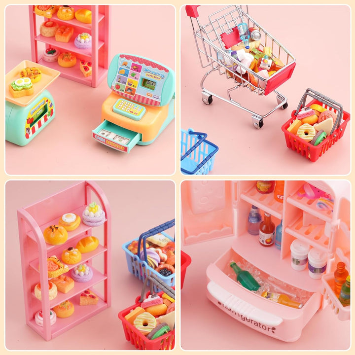 165Pcs Mini Shopping Cart Basket Miniature Food Drink Toy Supermarket Metal Handcart Shelves Cash Register Fridge Food Scale Trolley Dollhouse Store Grocery Accessories Kitchen Play Game Party Model