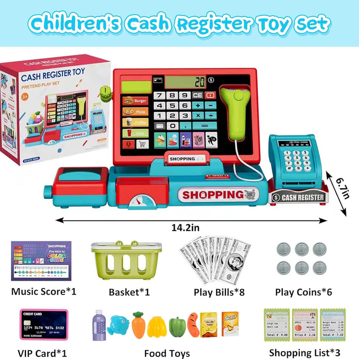 Cash Register Playset Toy for Kids, Real Calculator Register, Pretend Play Store with Music, Scanner, Play Money, Food, Preschool Learning Toy Playset Gift (Blue Red)