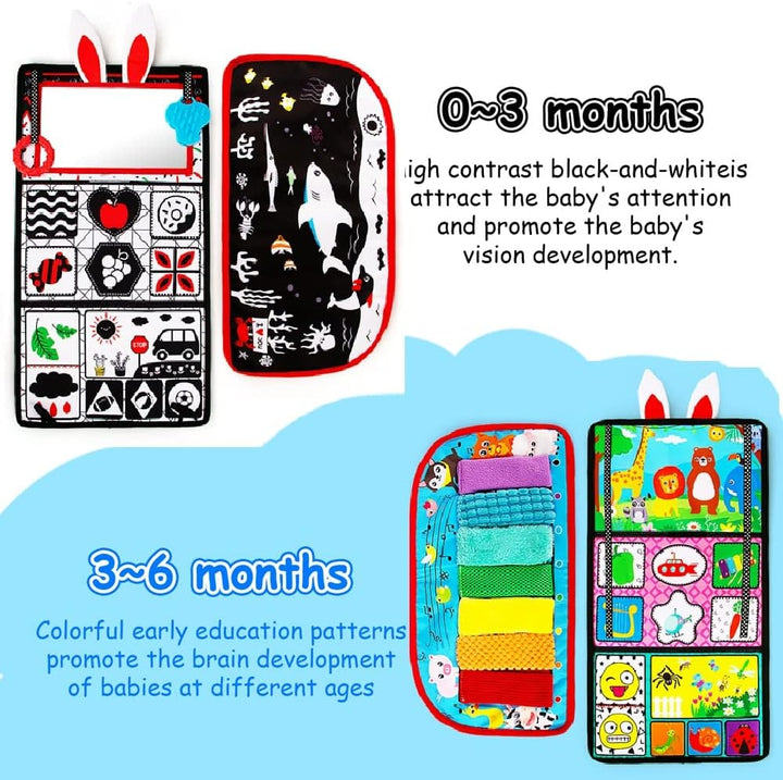 Tummy Time/Baby Mirror Toys, Black and White High Contrast Tabletop Mount Baby Newborn Toys 0 3 6 Months Brain Development, Sensory Texture Piano Infant Toys 0 3 6 Months with Squeaker