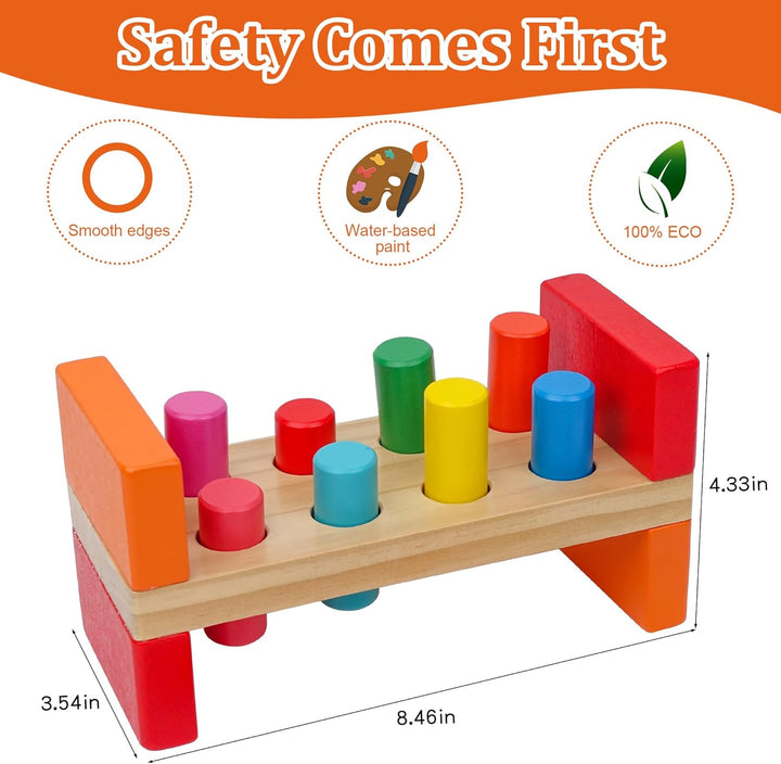 Wooden Hammer Toy for Toddlers 1-3, Montessori Pounding Bench Toy with 8 Pegs and Mallet for Hand-Eye Coordination, STEAM Toddler Toy