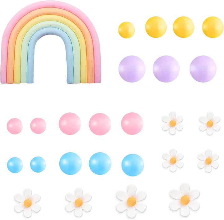 Boho Cake Topper,  26Pcs Rainbow Cake Topper for Hippie Themed Daisy Flowrs Blue Dog Cake Toppers Pastel Ball Cake Decorations for Bohemian Groovy Hippie Wedding Party Supplies