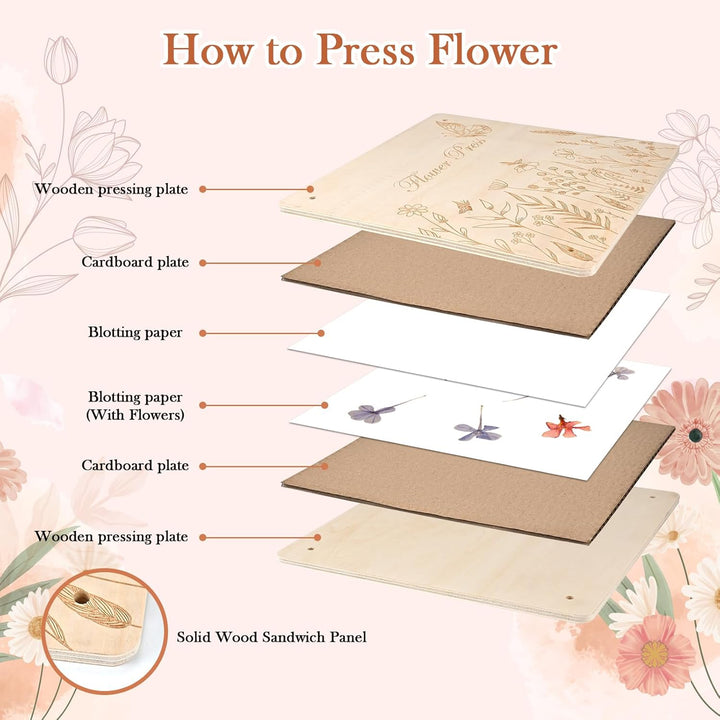 Extra Large 11”X11” Flower Press - 10-Layer Wooden Press for DIY Flower Preservation with Storage Bag, Adult Craft Kit