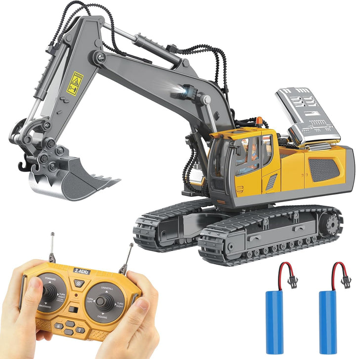 Remote Control Excavator Toy for 6-12 Yr Boys, Best Birthday Gifts for Kids 4-7 8 9 10 11 Year Old, RC Construction Toys with Metal Shovel, Lights, Sounds 2.4Ghz
