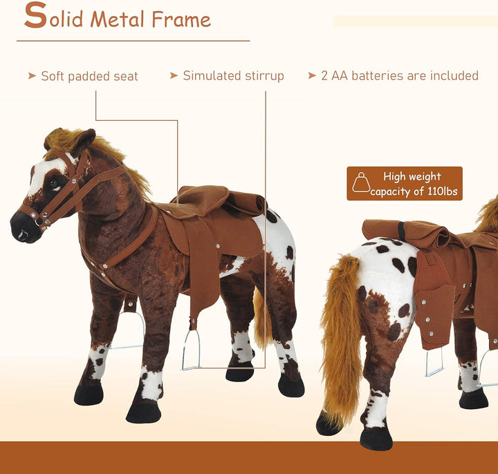 Sound-Making Ride on Horse for Toddlers 3-5, with Neighing and Galloping Sound, Stuffed Animal Horse Toy for Kids with Padding, Soft Feel, Brown