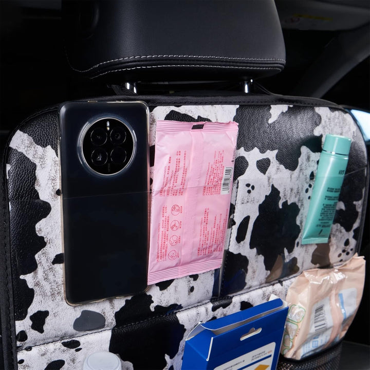 Cow Print Car Seat Back Kick Protectors,2 Pack Kick Mats with Storage Pockets,Car Accessorise(Cow Print)
