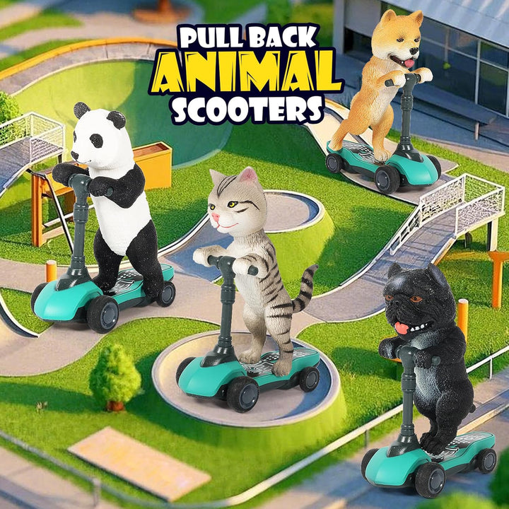 Dog and Cat Toy Scooter Pull Back Cars, 4-Pack Mini Animal Finger Kick Scooters with Panda, Kitten, Shiba Inu, and Bulldog Figures Toys for Boys and Girls Ages 3-6