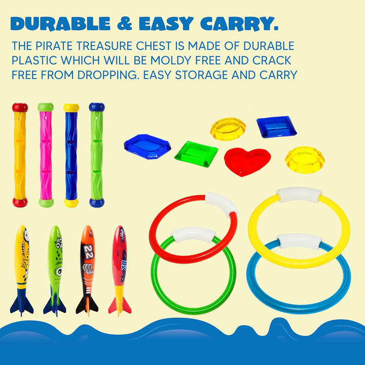 18Pcs Diving Pool Toys for Kids, Swimming Pool Toy with Storage Bag Includes 4 Pool Rings, 4 Diving Sticks, 4 Bandits, 6 Treasures Underwater Swim Pool Games for Ages 8-12