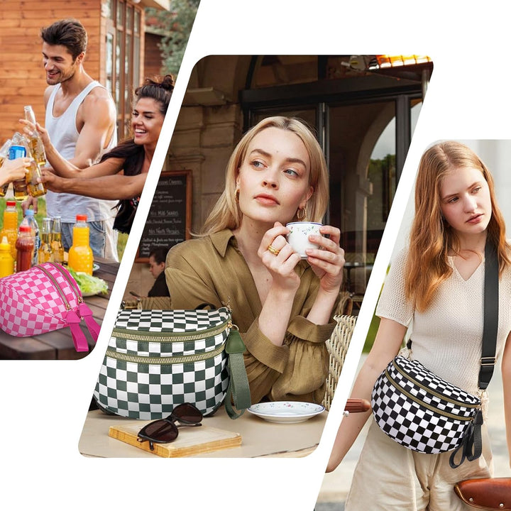 Mommy Bum Bag Crossbody, 2025 Trendy Checkered/Solid Nylon Waterproof Adjust Wide Straps Large Mom Diaper Bag