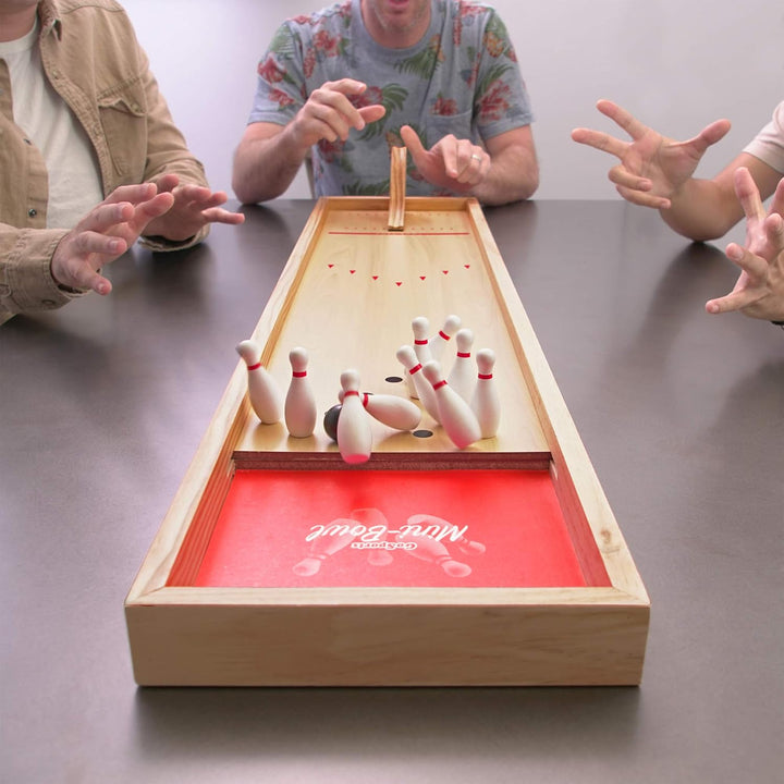 Mini Wooden Tabletop Bowling Game Set for Kids & Adults - Includes 1 Bowling Alley Board, 1 Launch Ramp, 2 Mini Bowling Balls, 10 Pins & Dry Erase Scorecard