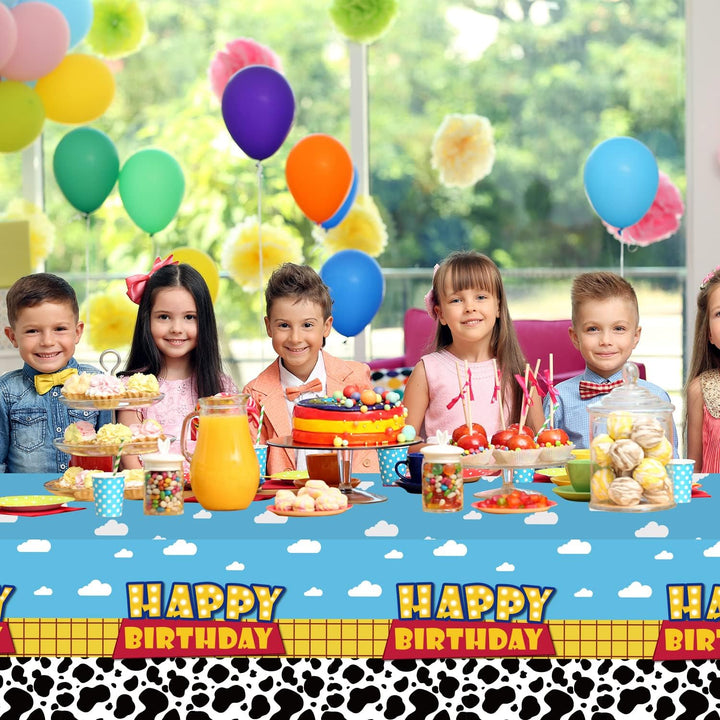 3 Pack Cartoon Story Birthday Party Supplies Cow Pattern Printed Table Cover Blue Sky and White Cloud Tablecloths Cow Birthday Party Decoration for Boy Girl Kid Birthday Party Decor 54 X 108 Inch
