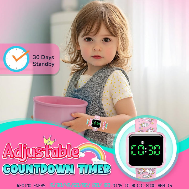 Potty Training Watch for Toddler Girls: Adjustable Volume Potty Watches for Kids Water Resistant Toilet Timer Alarm Unicorn Toddler Watch 1-3 Birthday Gifts for 2 3 4 Year Old Girl(Pink)