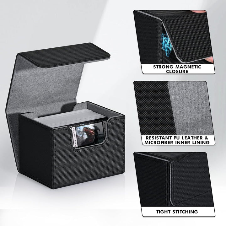 Card Deck Box for Trading Cards, MTG Commander Deck Box Holds 120+ Single Sleeved Cards, Leather Magnetic Card Storage Box Fits for TCG CCG Magic Cards (Black)