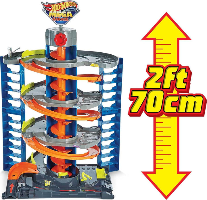 City Mega Garage Playset with Corkscrew Elevator & Storage for 60+ Cars, Includes 1 1:64 Scale Vehicle, Gift for Kids 4 Years Old & Up, HFH03