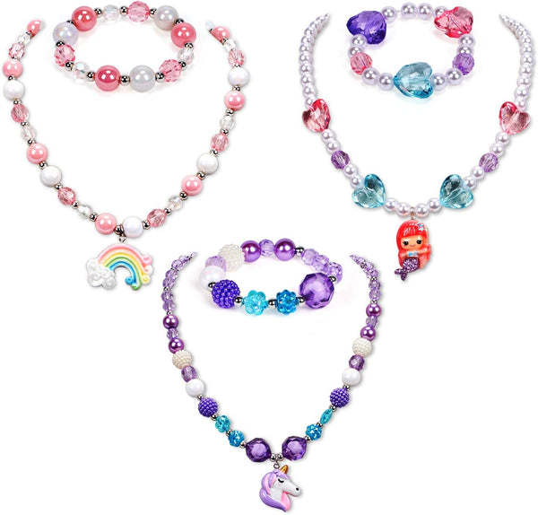 3 Sets Girl Princess Necklace Bracelet with Colorful Unicorn Mermaid Rainbow Pendant Kids Stretchy Chunky Costume Jewelry Gift Party Favors Dress up Jewelry for Little Girl Toddler(With Gift Box) (A)