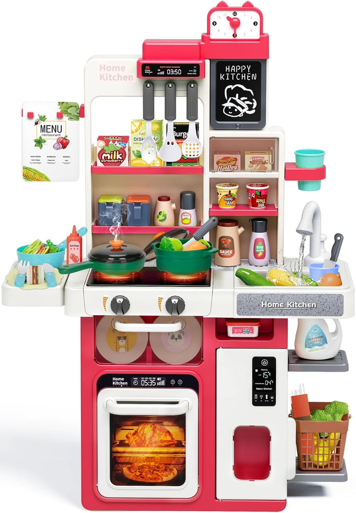 Kids Play Kitchen Set, Toddler Kitchen Playset with Sound & Light, Cooking Stove with Steam, Play Sink, Play Food Toy and Kitchen Accessories, Kitchen Toy for Kids Girls Boys (31.5 * 22 * 8.6In)