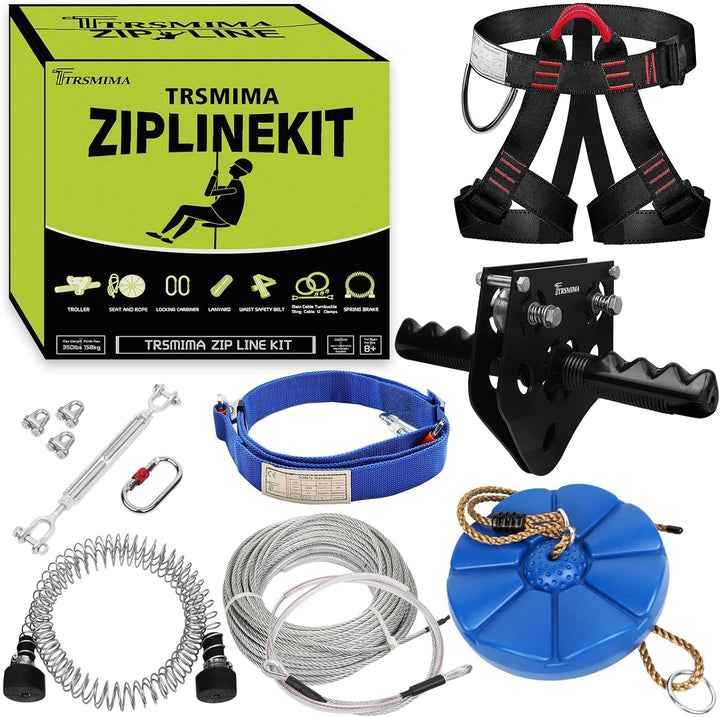 100 Ft /120 Ft /150 Ft/180Ft Zip Line Kit for Kids and Adult up to 380 Lb - Updated Removable Design Trolley and Thickened Seat, Rust Proof W/Safety Harness - Zipline Kits for Backyard