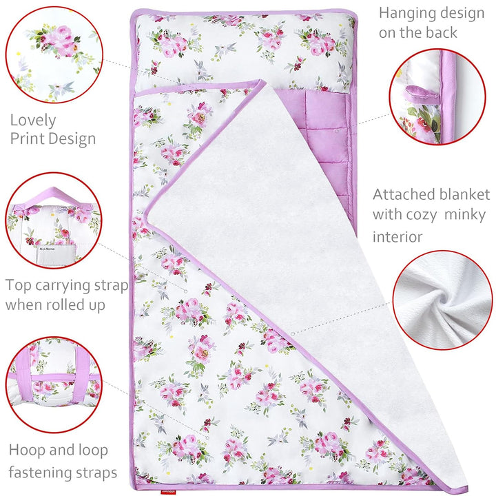Toddler Nap Mat for Girls Floral, Kids Sleeping Mat with Fleece Blanket, Lightweight Perfect for Kids Preschool, Daycare, Travel Sleeping Bag, Fit Standard Cot