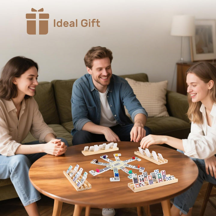 Mexican Train Dominoes Set with 4 Wooden Trays/Racks, Double 12 Dominos Travel Set with 4 Domino Tiles Holders, 91 Tiles Double 12 Colored Dominoes Game Set with Portable Case for Families Kids