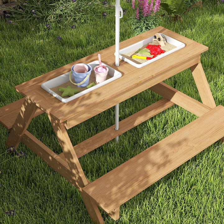 Kids Picnic Table, Wooden Outdoor Table & Bench Set with Removable Umbrella, Children Sand and Water Activity Table for Patio, Backyard, Gift for Boys Girls, Mixed Color