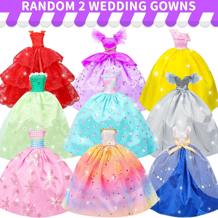 52 Pcs Doll Clothes and Accessories,2 Wedding Gowns 6 Fashion Dresses 2 Set Casual Outfits Top and Pant 2 Swimsuit,20 Hanger 10 Shoe 10 Accessories Toys for Girls Kids Birthday Gift