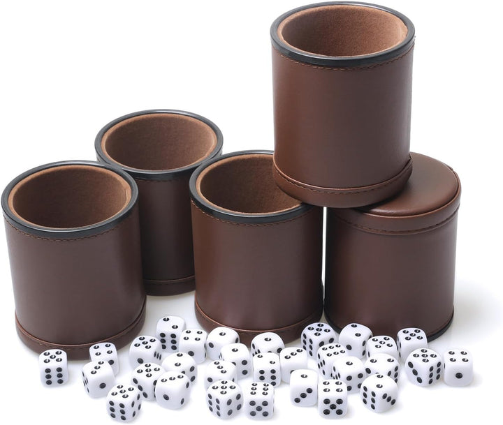 5 Pack PU Leather Dice Cups Velvet Felt-Lined Shaker Cups with 30 Dot Dice for Bar Party Yahtzee Farkle Dice Games