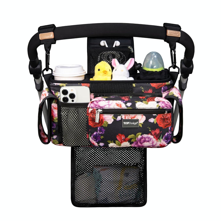 Universal Baby Stroller Organizer, Stroller Caddy with Detachable Mesh Bag & Heightened Insulated Cup Holders & Non-Slip Secure Hooks Accessories, Fits Most Strollers (Checkerboard)