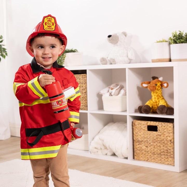 Fire Chief Role Play Costume Dress-Up Set Pretend Fire Fighter Outfit with Realistic Accessories, Firefighter Costume for Kids and Toddlers Ages 3+