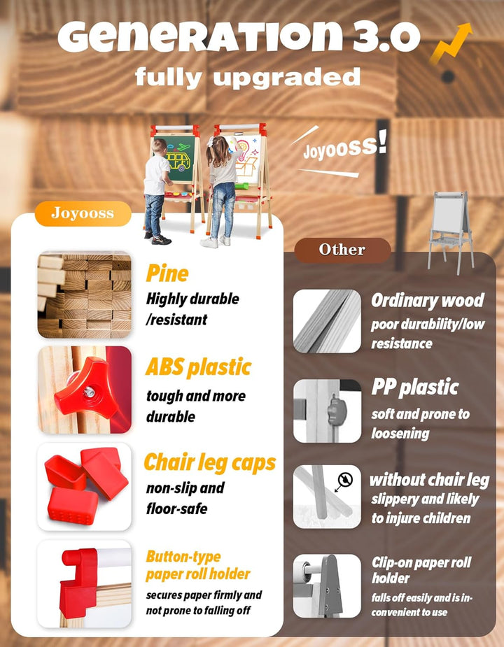 Kids Wooden Easel with Paper Roll - Adjustable Magnetic Double Sided Drawing Board Whiteboard & Chalkboard Dry Easel Board, Children Art Easel for 3~12 Years Kids Boys Girls Painting Drawing