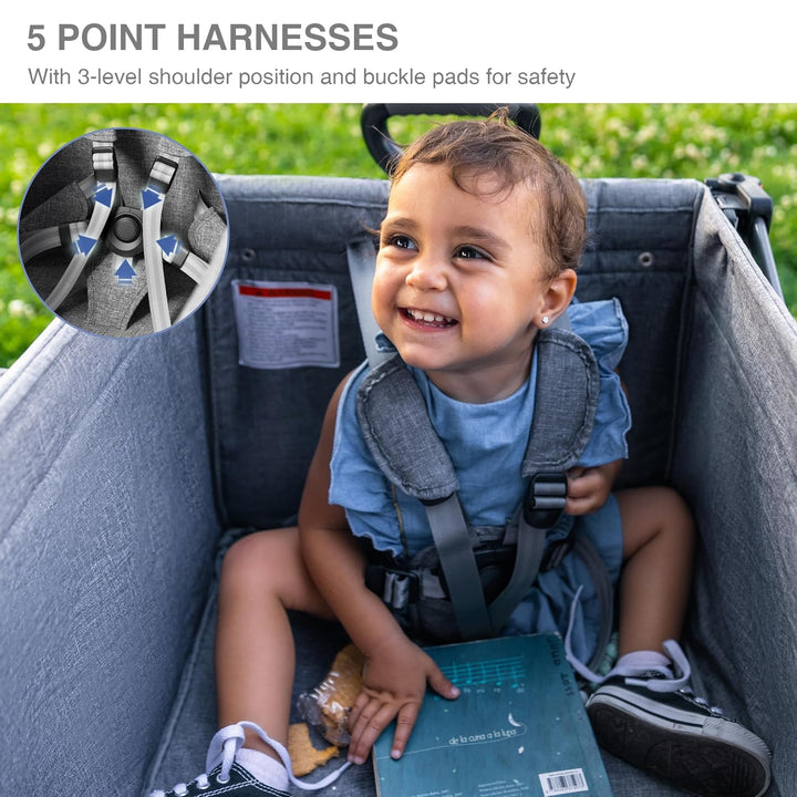 Foldable Wagons for Two Kids & Cargo, Collapsible Folding Stroller with Adjustable Handle Bar,Removable Canopy with 5-Point Harness Gray