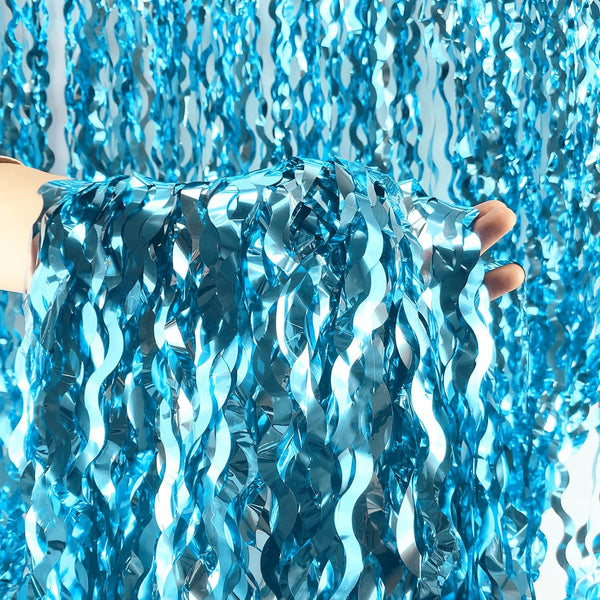 Wavy Tinsel Foil Fringe Curtains Teal Blue Streamers Backdrop for Ocean Themed Party Blue Birthday under the Sea Party Decorations(2 Pack,3.2 Ft X 6.6 Ft)