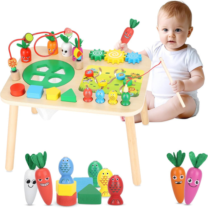 Activity Table for 1+ Year Old Girls Boys, 7-In-1 Wooden Montessori Toys, Activity Center, Baby Toddler Sensory Toys Kids First Birthday Gift