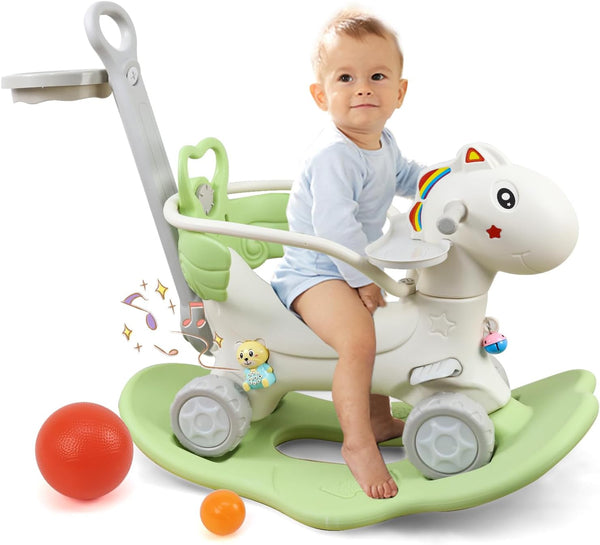 4 in 1 Rocking Horse Ages 1-3, Baby Rocking Toy Birthday Gift for Toddlers 1-3 Years Old, Balance Bike Ride on Toys with Push Handle, Backrest and Balance Board for Baby Girl and Boy, Green