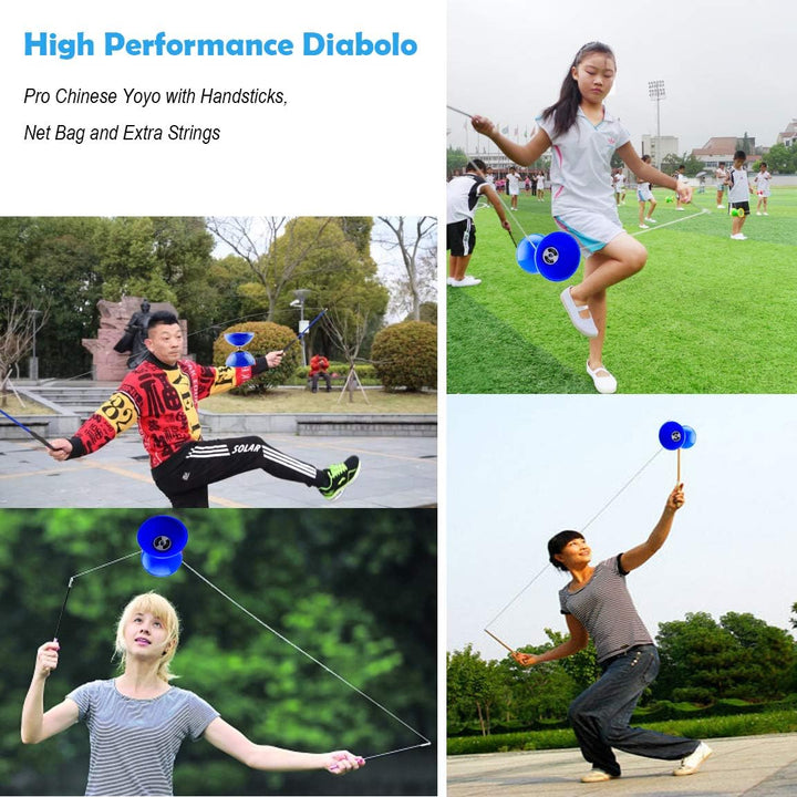 Pro Triple Bearing Diabolo Medium Size 5” Blue Chinese Yoyo Toy with 2 Pair Carbon Sticks+ 2 Extra Strings +1 Net Bag, High Performance Chinese Yoyo Diabolo Skill Toy