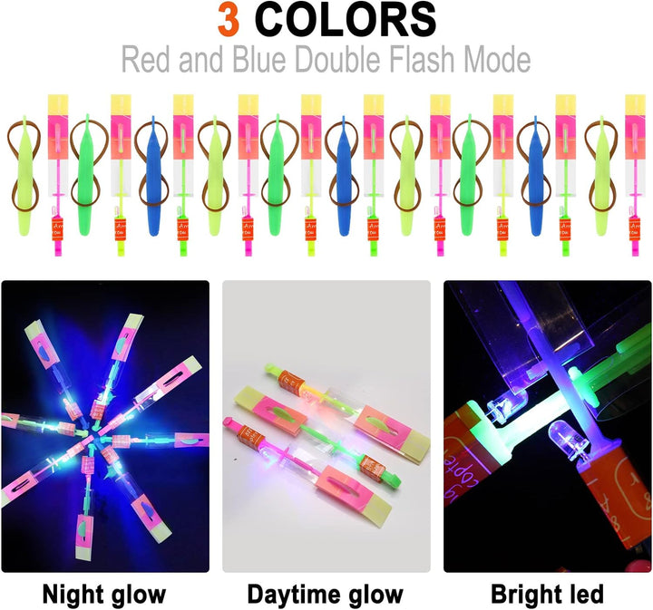 25 Sets LED Flying Set, 25 Slingshot+25 Glow Helicopter-50 Pcs, Flying Toy Outdoor Toys Glow in the Dark Party Supplies Party Favors for Kids 8-12,4-8
