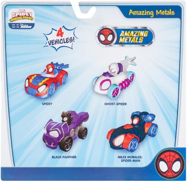 Marvel Spidey and Friends 4-Pack Die-Cast Vehicles - Includes Spidey, Ghost-Spider, Black Panther, Miles Morales - Superhero Toys for Kids 3+