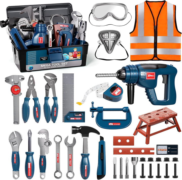 Tool Set with Tool Box & Electronic Toy Drill, Pretend Play Kids Construction Kits for Kids Ages 3-5 Years Old, Toddler Boy Toys(Orange)