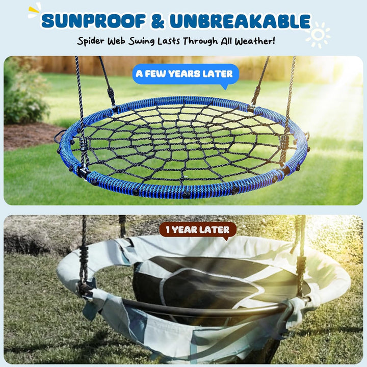 750Lbs 40" Spider Web Saucer Tree Swing for Kids Adults, Outdoor Net Swing with Steel Frame and 2 Hanging Straps-Blue