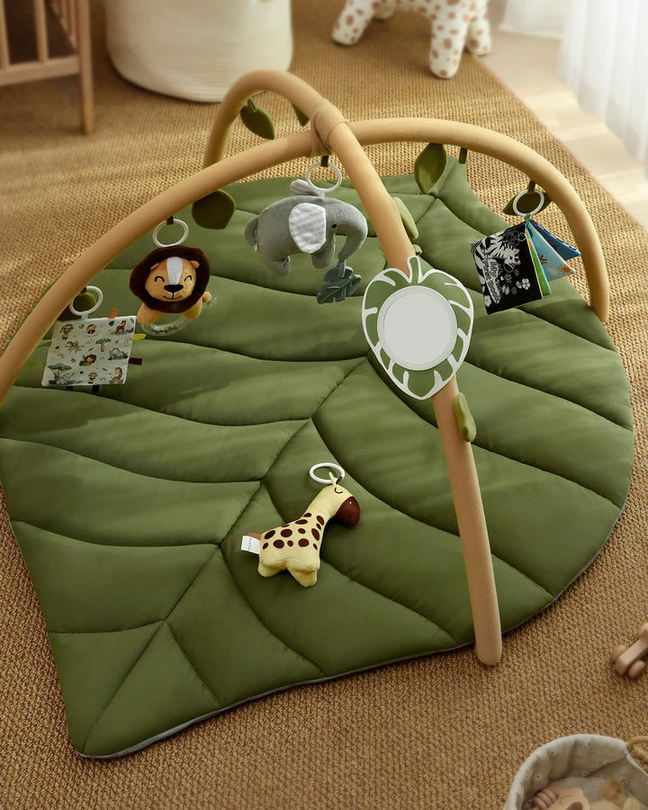 Baby Play Gym & Activity Mat, Oversize Leaf Shaped Baby Play Mat W 6 Detachable Toys, Tummy Time Mat Promote Motor Skills & Sensory Development Mat, Newborn Infant Baby Essentials Gift
