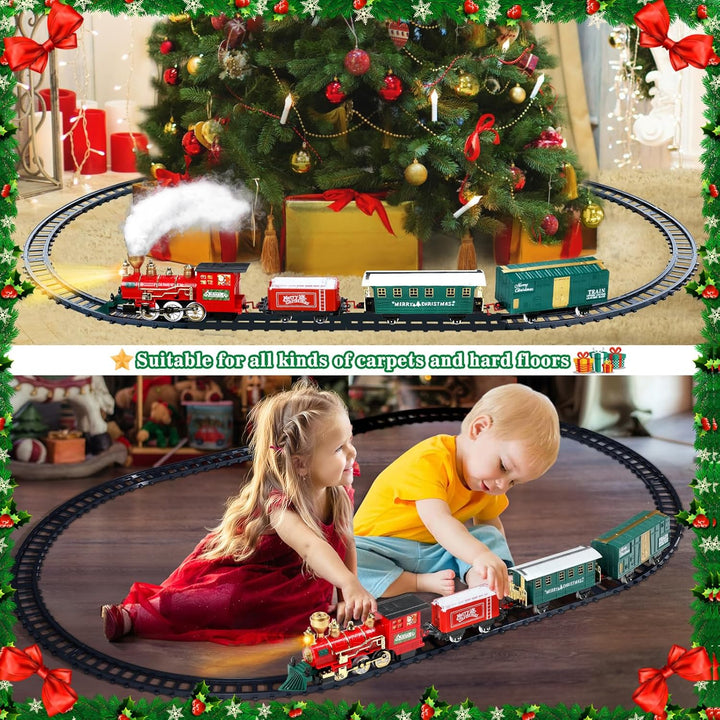Christmas Train Set, Electric Train with Water Steam, Sounds & Lights, Model Train Set for under the Xmas Tree, Railway Kit Gifts for 3, 4, 5, 6, 7, 8+ Year Old Boy & Girl