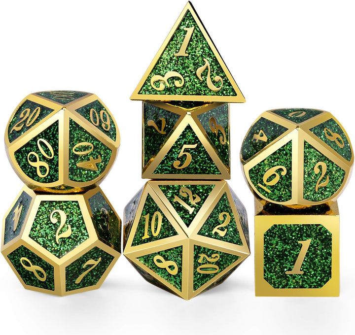Metal Dice Set D&D, 7 Die Metallic Polyhedral Dice Set with Gift Metal Box and Gold Number for DND Dungeons and Dragons Role Playing Games (Black and Gold)