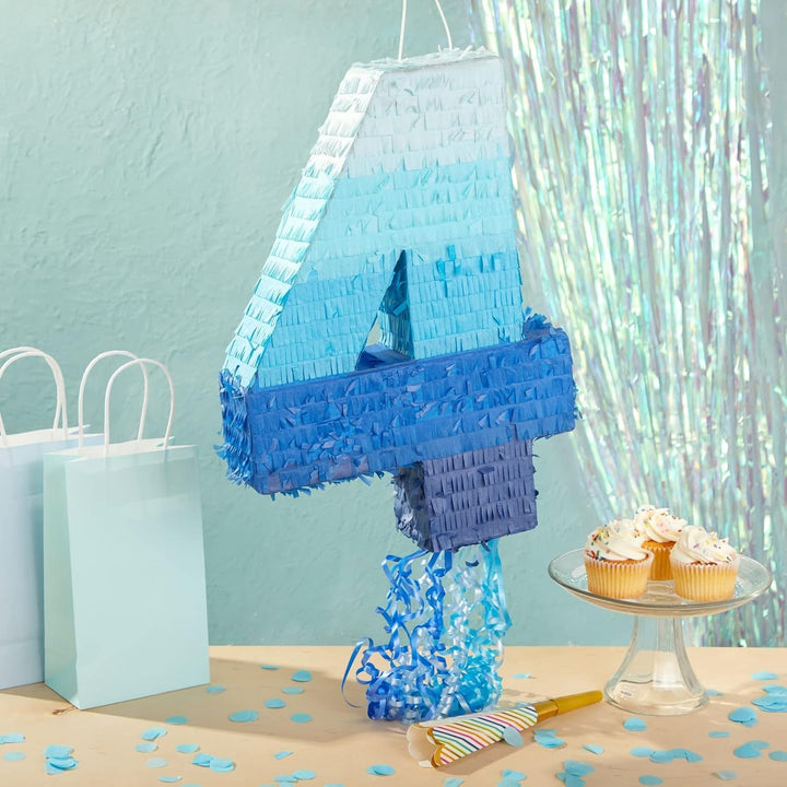 Number 4 Pull String Pinata for Boys 4Th Birthday Party Decorations - Ombre Blue (16.5 X 12 X 3 in 4 Pinata)