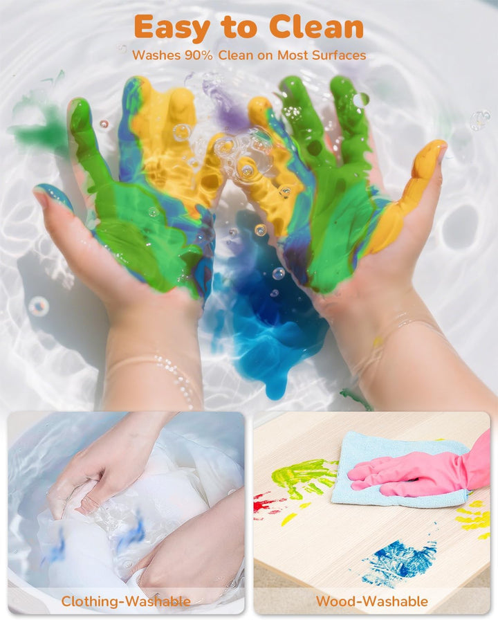 28 PCS Finger Paint, Washable Paint for Todllers 1-3, Non-Toxic 12 Vibrant Colors (1.22Fl Oz/36Ml ) , Palette, Apron, Brush, Eye Stickers, Baby Safe Paints for Hand and Feet, Safe Preschool Art Supplies for Kids