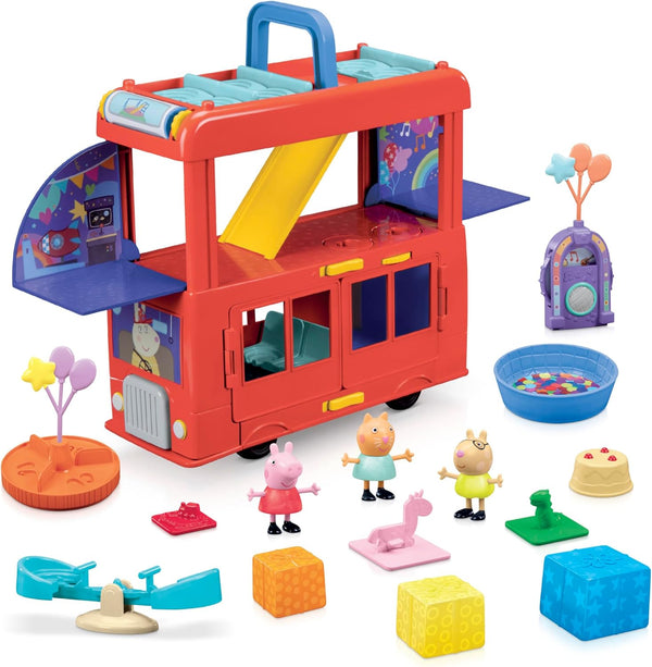 2-In-1 Party Bus Playset with 3 Figures and 13 Accessory Pieces, Preschool Toys for Girls and Boys, Kids Gifts, Ages 3+