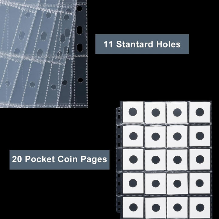 50Ct 20-Pocket Coin Pages - Coin Pocket Pages for 2 X 2 Inch Cardboard Coin Holders, 11 Holes for Coin Binder, Coin Collecting Album Protectors, Coin Collection Storage
