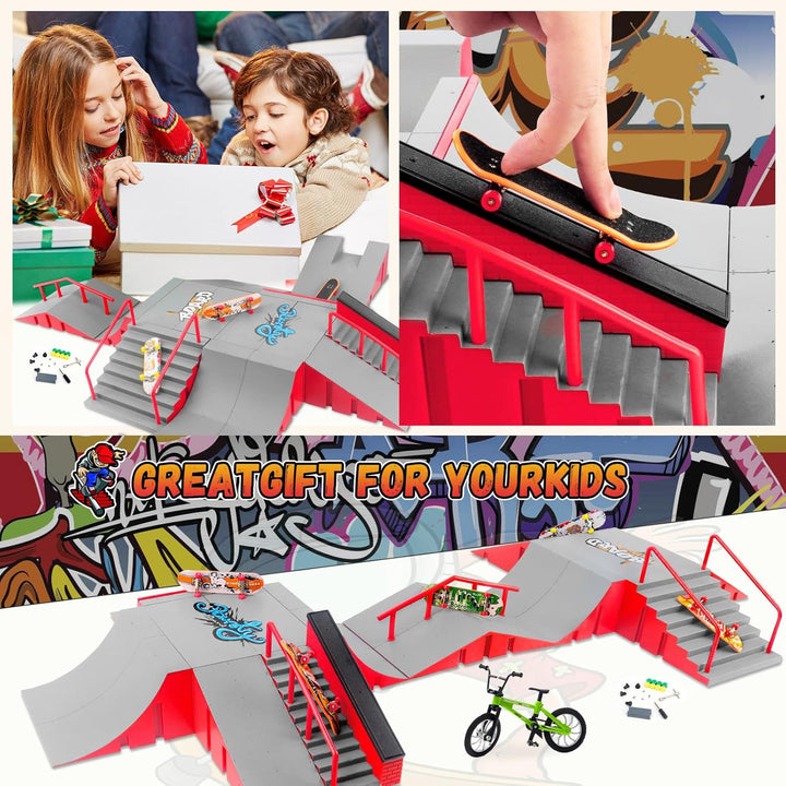 Finger Skateboard Park Kits,14 in 1 Skateboard Finger Toys with 8 Finger Skateboards & 14 Skatepark Deck Ramp,Finger Bike for Boys or Girls Gift,Mini Finger Skateboards Ramp Accessories Set