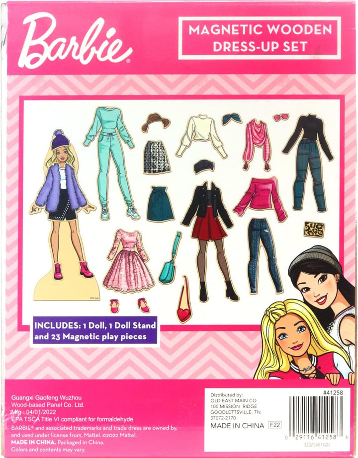 Barbie Magnetic Wooden Dress up Toy – Pretend Play Set with Wooden Barbie Doll, Mix & Match Outfits & Storage Box – Educational Magnetic Toy for Girls Ages 3+