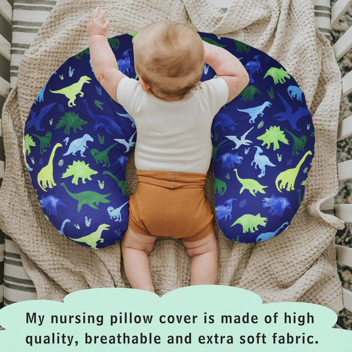 Dinosaur Nursing Pillow Cover, Breastfeeding Pillow Slipcover for Baby Boys & Girls, Nursing Pillow Case for Newborn, Soft Fabric Fits Snug on Infant, Washable & Breathable, Watercolor Dinosaur Blue