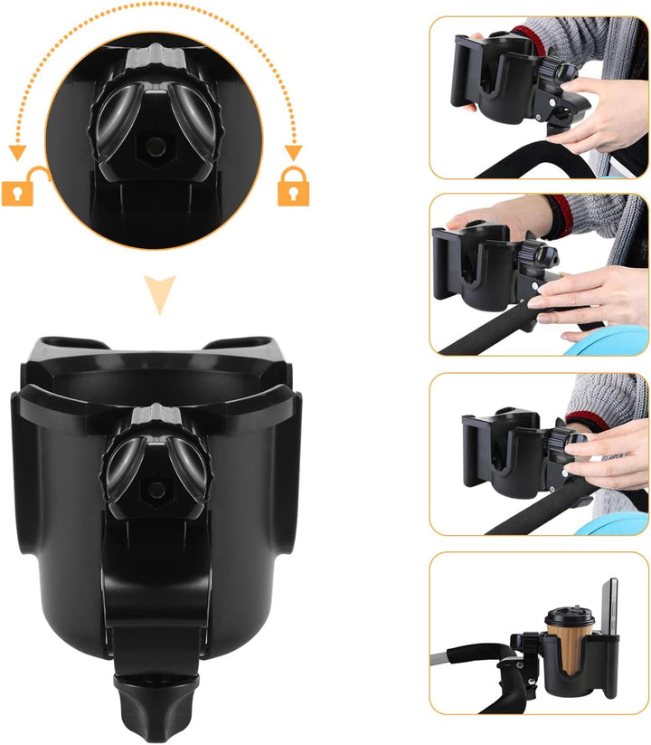Universal Stroller Cup Holder with Phone Holder, 360°Rotatable Bottle Holder with Strong Clip, Accessories for Stroller, Bike, Wheelchair, Walker, Scooter
