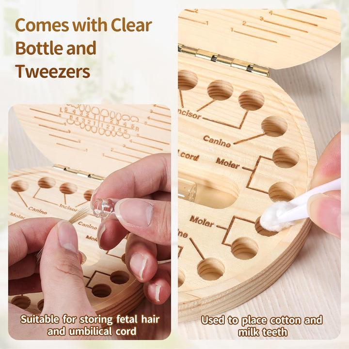 Tooth Fairy Tooth Holder Wooden Umbilical Cord Keepsake Box, Cute Baby Teeth Keepsake Box with Tweezer and Fetal Hair Container, Lost Tooth Fairy Box for Incisor|Canine|Molar|Umblllcal Cord